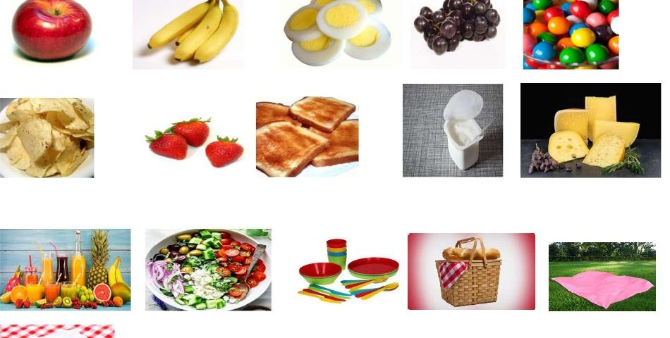 Fiche d'activité : quinze objets et aliments de pique-nique (pomme, banane, œufs, raisins, bonbons, chips, fraises, toast, yaourt, fromage, boissons, salade, vaisselle, panier, couverture)